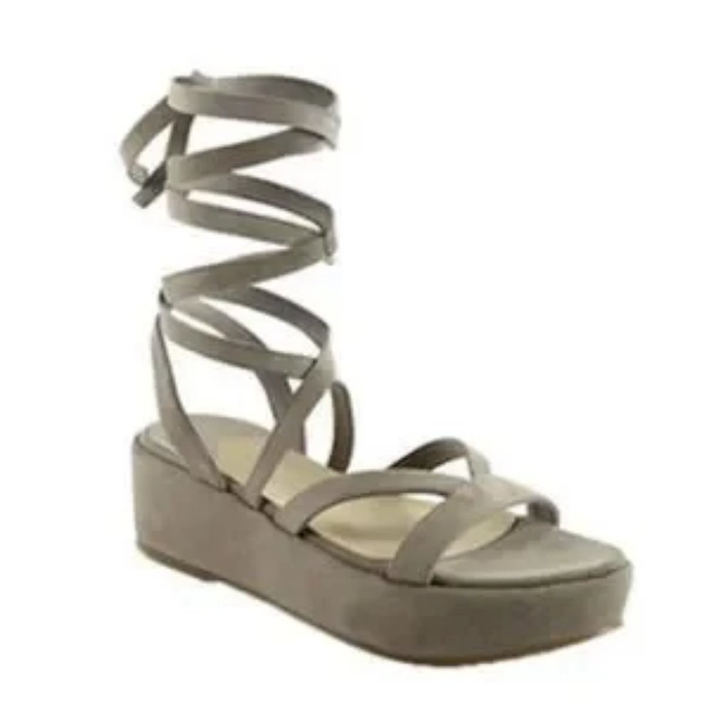 NWOB Womens Klik Taupe Strappy Ankle Tie Wedge Sandals 38.5 US/8.5 *